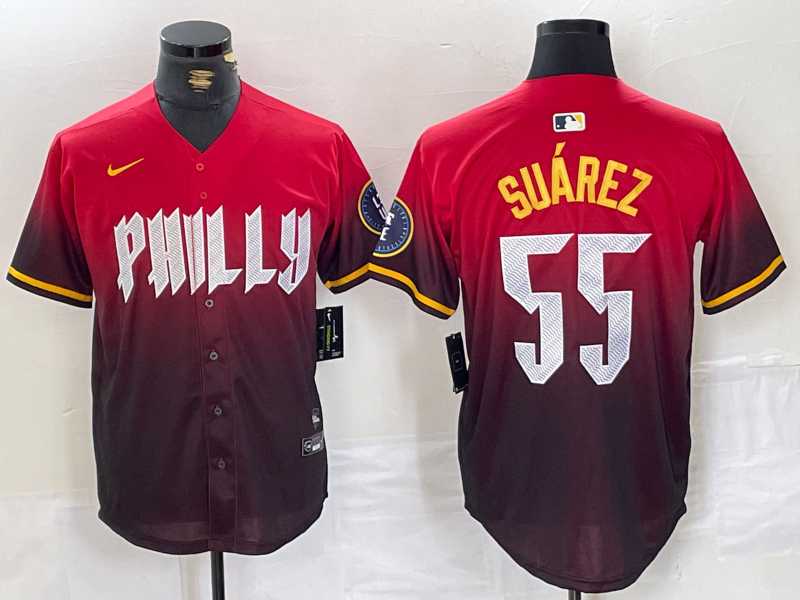 Mens Philadelphia Phillies #55 Ranger Suarez Red 2024 City Player Number Cool Base Jersey